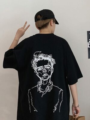 Taehyung- BTS Black Oversized T-Shirt With Man Sketch Print (22)
