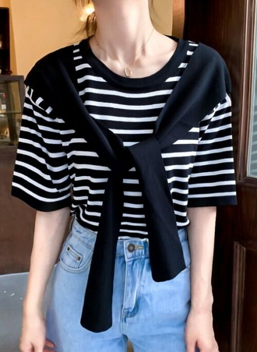 White And Black Striped T-shirt With Shawl | Jungkook – BTS