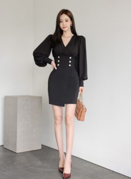 Black Wrap Front Dress With Gold Buttons | Ryujin - ITZY