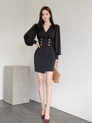 Ryujin – ITZY Black Wrap Front Dress With Gold Buttons (6)