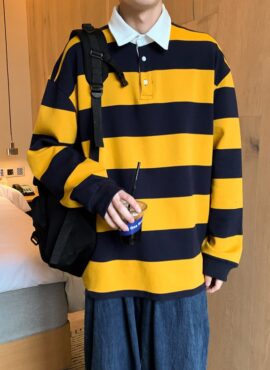 Yellow And Blue Stripe Patterned Polo Shirt | Doyoung - NCT