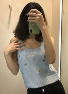 Baby Blue Sleeveless Knit Top With Floral Embroidery | IU