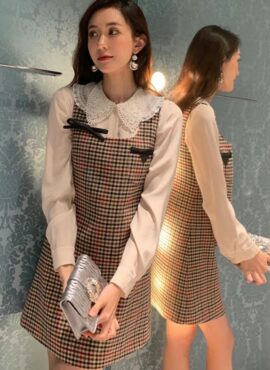 Brown Checkered Suspender Dress | Irene - Red Velvet