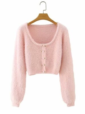 Miyeon – (G)I-DLE Pink Rose Button Mohair Cardigan (14)
