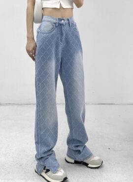 Blue Diamond Pattern Wide-Leg Jeans | Wheein - Mamamoo