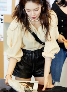 Beige Lace-Trimmed Long Sleeve Blouse | Hyuna