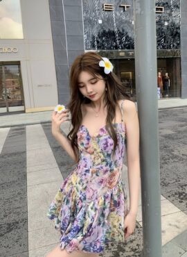 Lilac Floral Bustier Sling Dress | Jennie - Blackpink