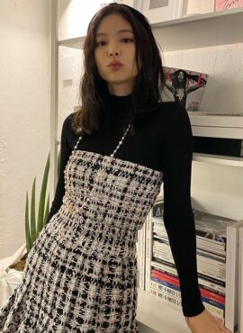 Black Long Sleeve Plaid Tweed Dress | Jennie - Blackpink