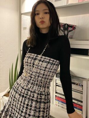 Black Long Sleeve Plaid Tweed Dress | Jennie – Blackpink