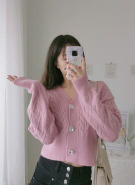 Pink Crystal Button Knitted Cardigan | Joy - Red Velvet