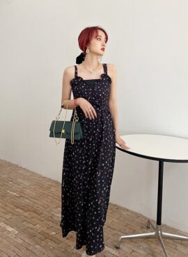 Black Sling Dress With Floral Pattern | Lisa - Blackpink