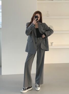 Grey Suit Jacket And Pants Set | Lisa - Blackpink