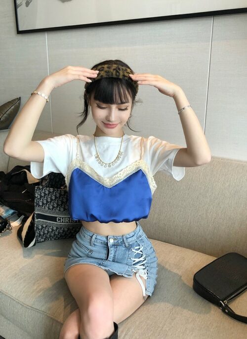 White T-Shirt With Blue Satin Sling Top | Sana - Twice