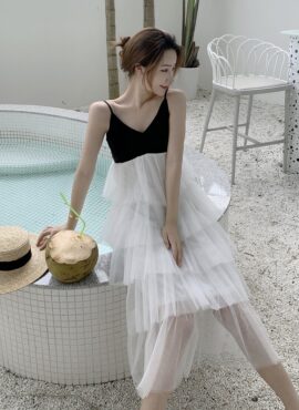 White And Black Layered Ruffle Mesh Sling Dress | Jennie - BlackPink