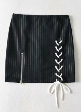 Black Stripe Lace-Up Skirt With Zipper | Jennie - BlackPink