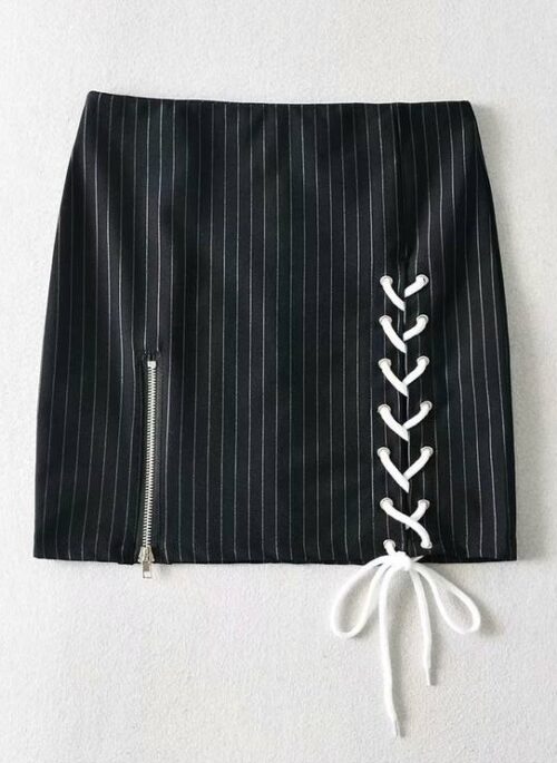 Black Stripe Lace-Up Skirt With Zipper | Jennie – BlackPink