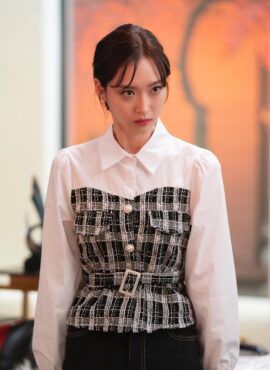 Black And White Belted Plaid Blouse | Joo Seok Kyung - Penthouse