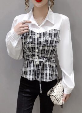 Black And White Belted Plaid Blouse | Joo Seok Kyung - Penthouse