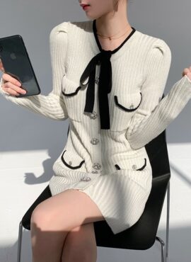 White Knitted Bow Tie Dress | Dahyun - Twice