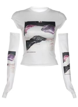White Graphic Print T-Shirt And Arm Sleeves Set | Jennie - BlackPink