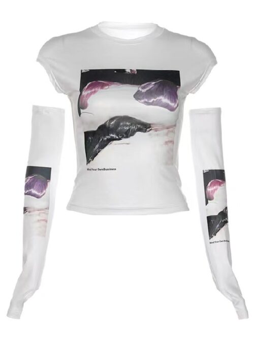 White Graphic Print T-Shirt And Arm Sleeves Set | Jennie – BlackPink