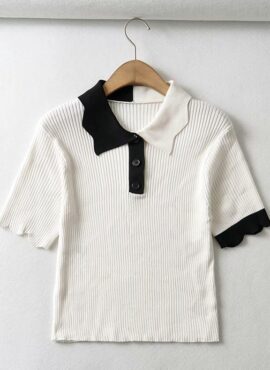 White Contrast Color Scallop Knitted Polo Shirt | Karina - Aespa