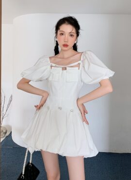 White Bubble Dress With White Rhinestone | Lia - ITZY