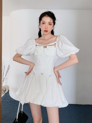 Lia – ITZY White Bubble Dress With White Rhinestone (4)