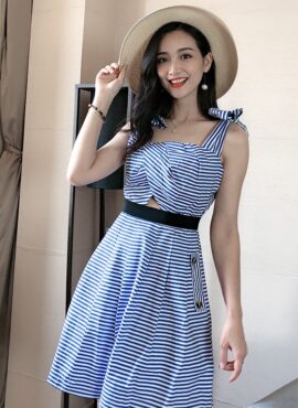 Blue Stripe Bow Strap Dress | Lisa - BlackPink