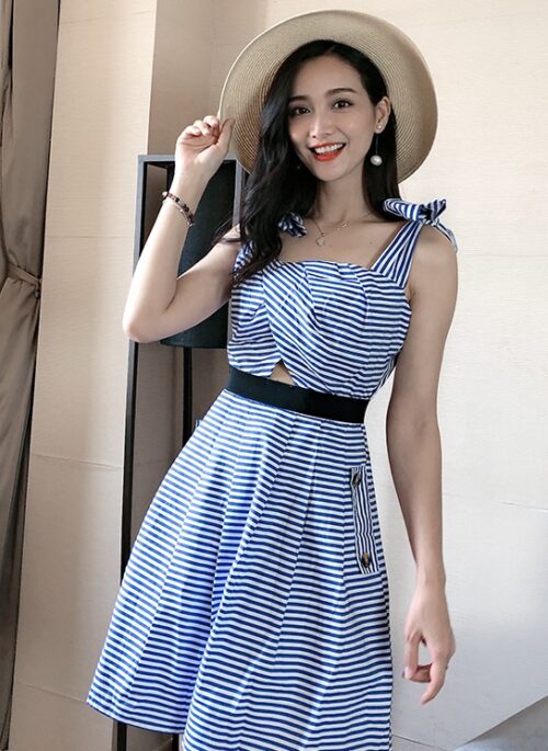 Blue Stripe Bow Strap Dress | Lisa – BlackPink