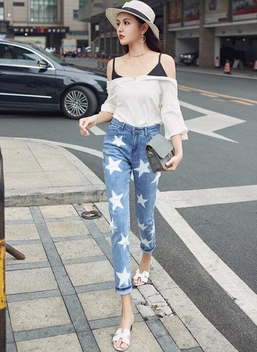 Blue Star Print Skinny Jeans | Moonbyul - Mamamoo