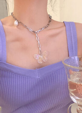 Silver Opal Butterfly Chain Necklace | Rose - BlackPink