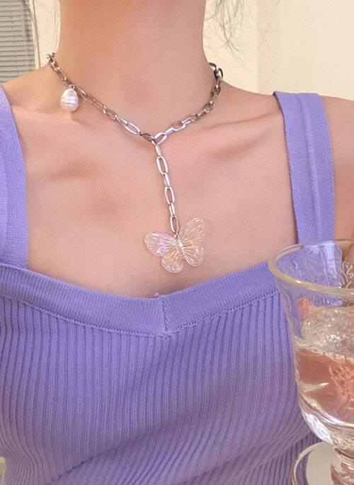 Silver Opal Butterfly Chain Necklace | Rose - BlackPink