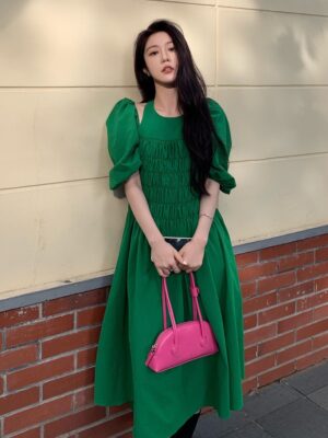 Joy – Red Velvet Green Puff Sleeve Halter Dress (5)