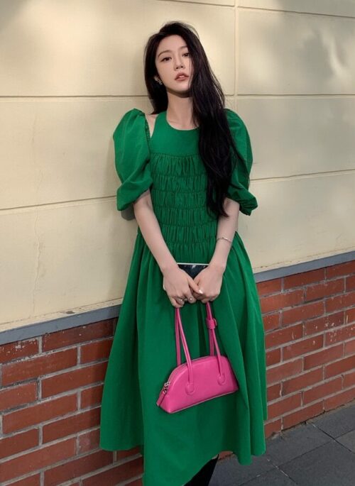 Green Puff Sleeve Halter Dress | Joy - Red Velvet