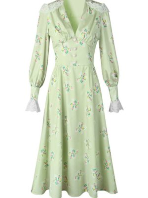 Jeongyeon – Twice Green Lace-Trimmed Floral Dress (8)