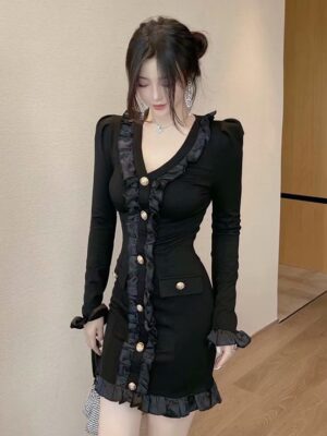 Jihyo – Twice Black Ruffled V-Neck Mini Dress (10)