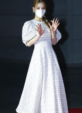 White Puff Sleeves Embossed Pattern Dress | Heejin - Loona