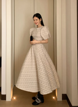 White Puff Sleeves Embossed Pattern Dress | Heejin – Loona
