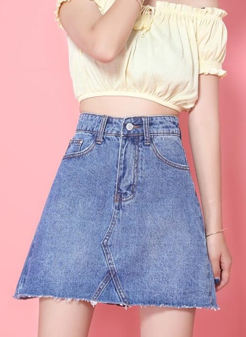 Blue Distressed Stitched-Up Crotch Skirt | Nayeon – Twice