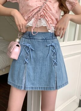Blue Double Stitched Denim Skirt | Rose - BlackPink