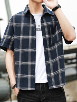Blue Wide Plaid Short Sleeves Shirt Doyoung – NCT (2)