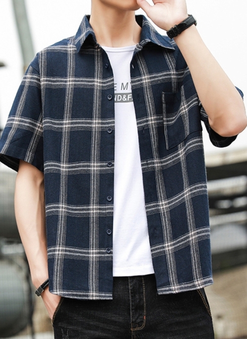 Blue Wide Plaid Short Sleeves Shirt | Doyoung – NCT