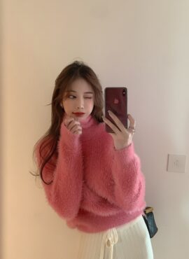 Pink Turtleneck Fluffy Sweater | Lisa - BlackPink