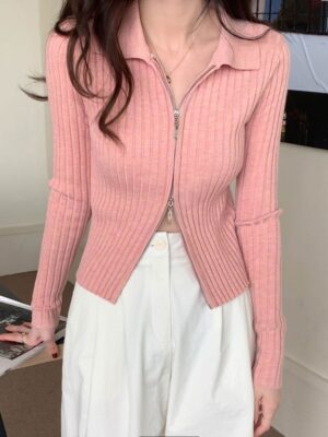 Pink Knitted Zip-Up Cardigan Tzuyu – Twice (4)