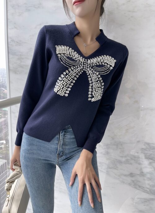 Navy Blue Beaded Bow Sweater | Seulgi – Red Velvet
