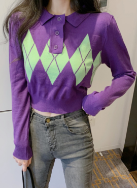 Lilac Argyle Short Knit Sweater | Yiren - Everglow