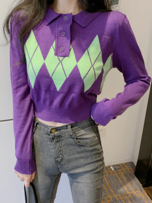 Yiren – Everglow – Purple Argyle Short Knit Sweater (8)