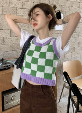 Green Lilac Checkerboard Knit Vest | Haseul - Loona