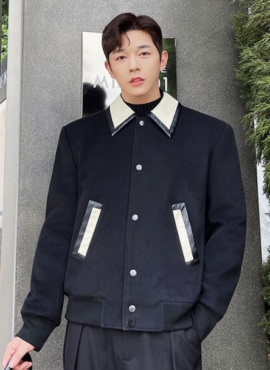 Black Leather Collar Wool Jacket | Wonwoo – Seventeen
